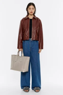 Mujer BIMBA Y LOLA Bolsos Piel<Bolso Shopper Grande Piel Gris Verdoso