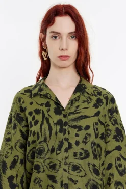 Mujer BIMBA Y LOLA Camisas<Camisa Oversize Lino Animal Mix Verde