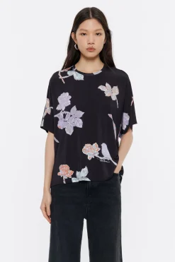 Mujer BIMBA Y LOLA Camisetas<Camiseta Boxy Viscosa Birds Gris Oscuro